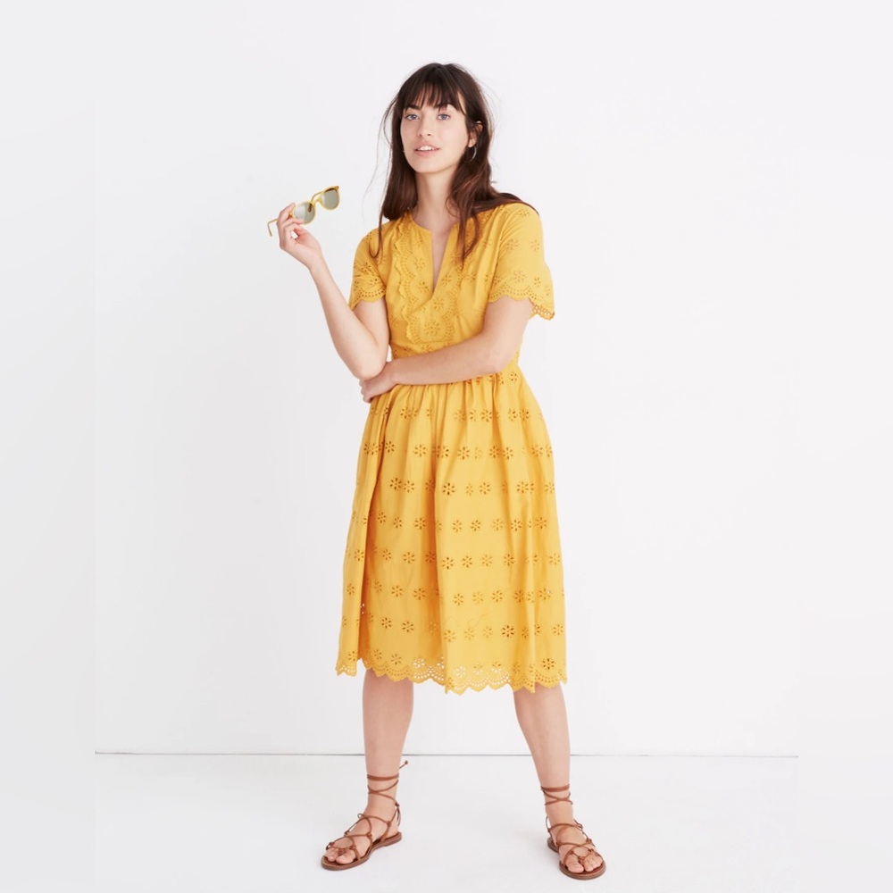 Madewell Scalloped Eyelet Midi Dress in Tungsten Glow Yellow size 2